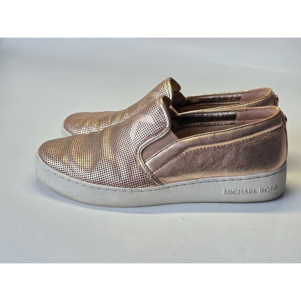 Michael Kors Women's Shoes Size 6.5 Pink Metallic Leather Logo Slip On Sneakers